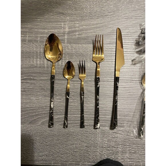 20 Piece Faux Black Marbled Handles & Gold Stainless Steel Silverware Set - Picture 1 of 4